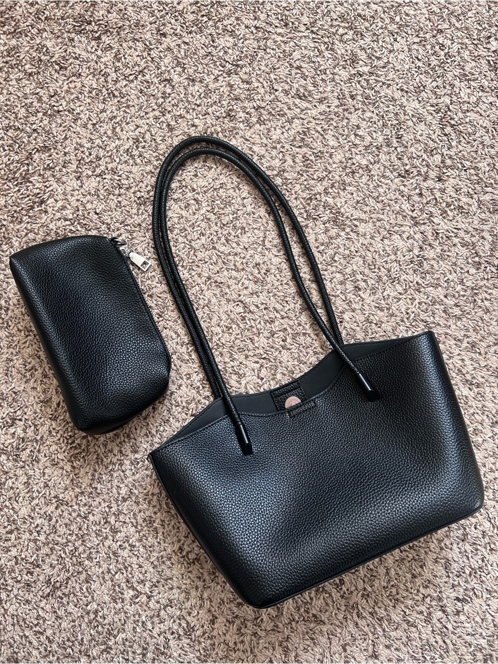 Black Pebbled Shoulder Tote with Matching Zip Pouch